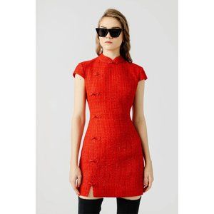 NWOT SAU LEE Natasha Tweed Mini Dress in Red Cheongsam-style Sequined Twedd